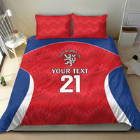 Red double duvet cover set with two pillows, rugby number 21 design with blue-and-white curved stripes