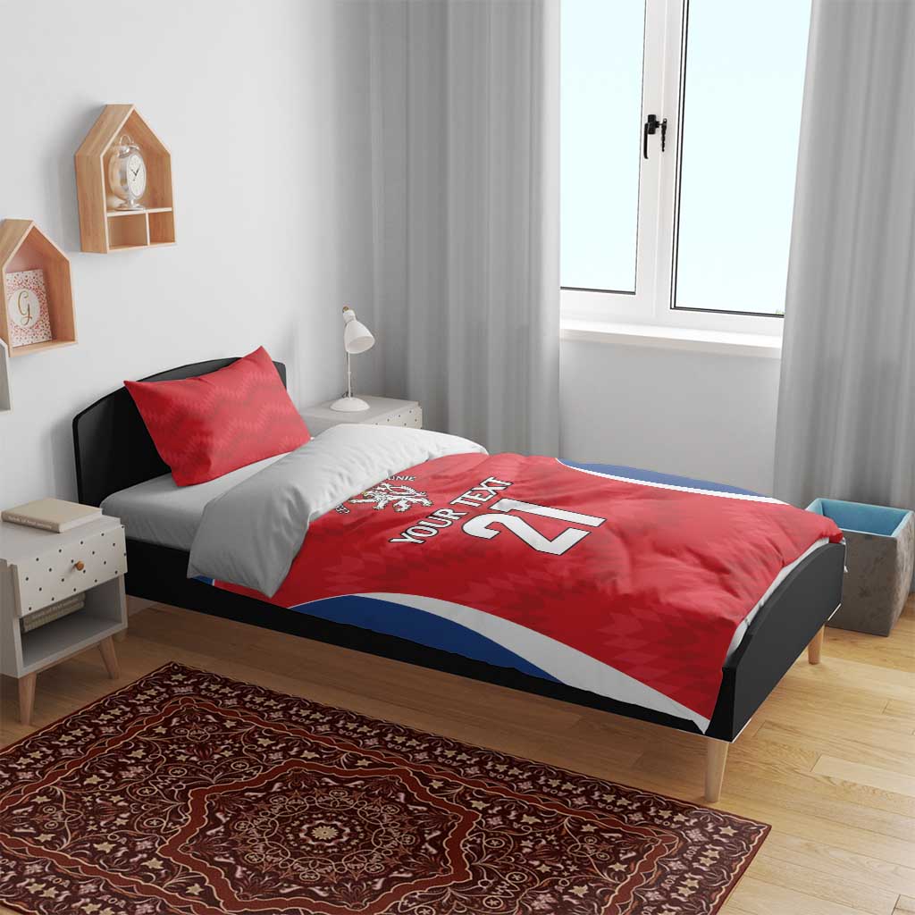 Red double duvet cover set with two pillows, rugby jersey number 21 design on quilt