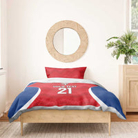 Red duvet cover with matching pillow shams, rugby number 21 design with blue-and-white stripes