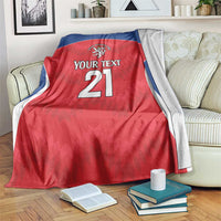 Red custom rugby blanket with blue border, crest emblem and 'Your Text' number 21