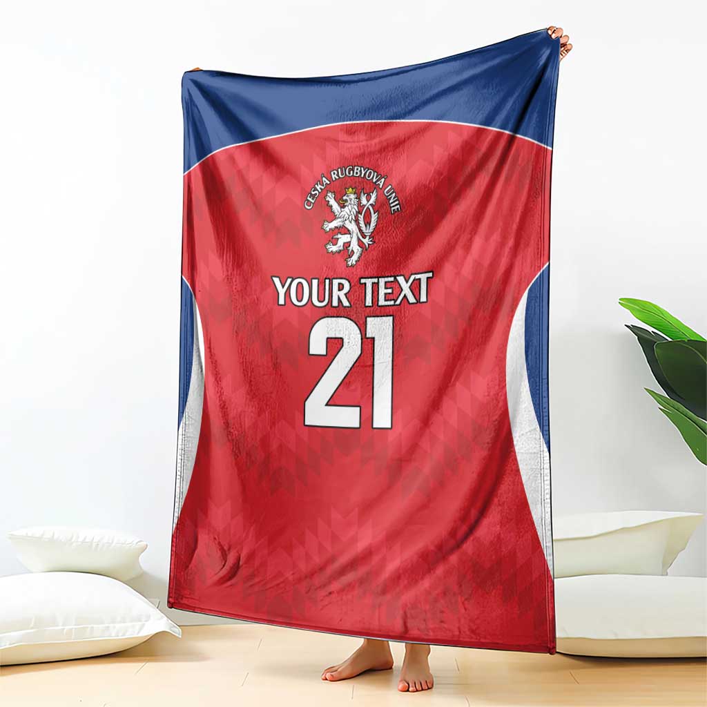 Red rugby blanket draped with blue sides, crest emblem and 'Your Text' 21 design