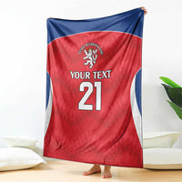 Red rugby blanket draped with blue sides, crest emblem and 'Your Text' 21 design