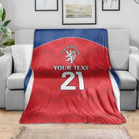 Red custom rugby blanket with blue top band, crest emblem and 'Your Text' 21