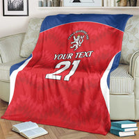 Red rugby blanket with blue curved trim, crest logo, 'Your Text' and number 21