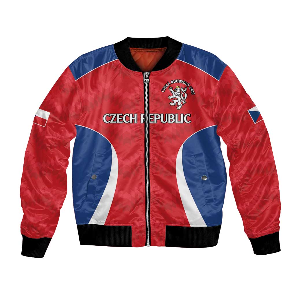 Red bomber jacket with blue panels, front zipper, black ribbed cuffs, Czech Republic emblem