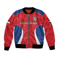 Red bomber jacket with blue panels, front zipper, black ribbed cuffs, Czech Republic emblem