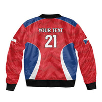 Red bomber jacket with blue panels, ribbed cuffs, back 'YOUR TEXT' 21