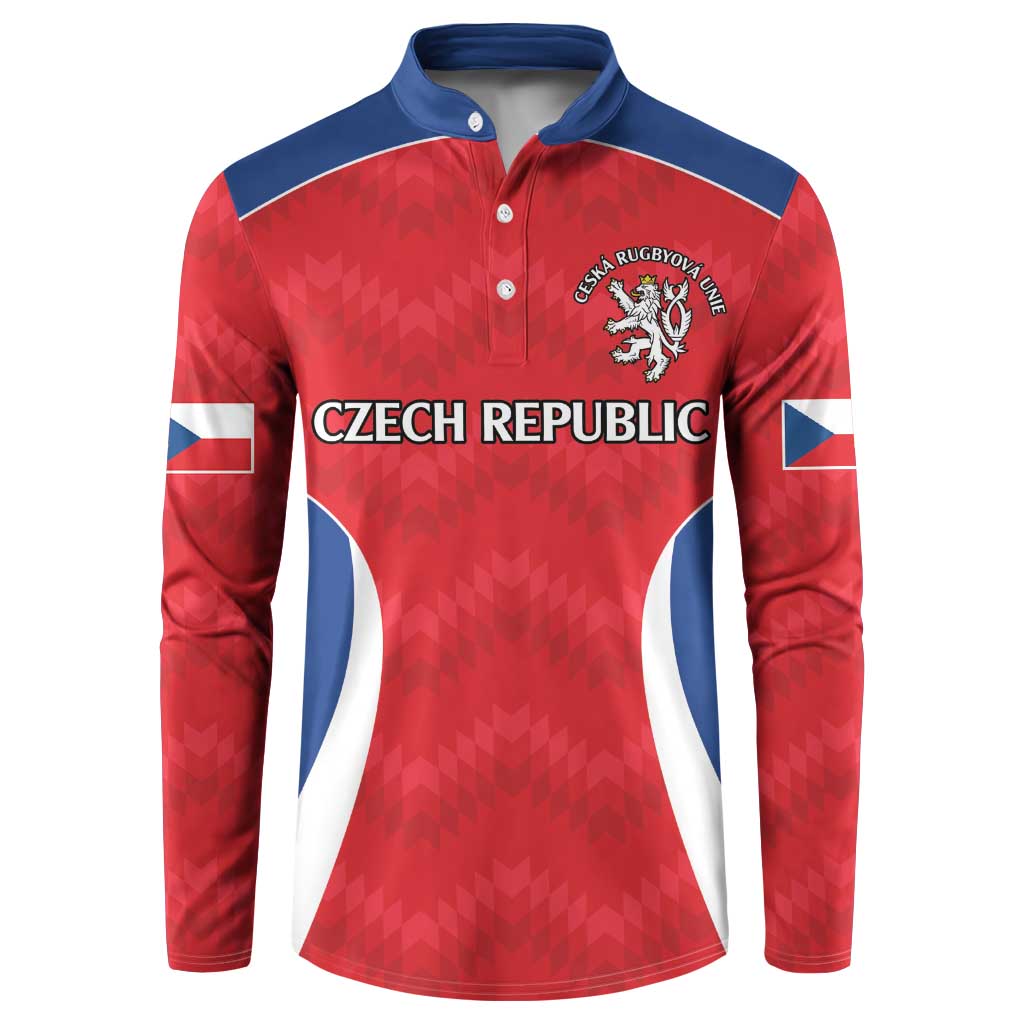 Red rugby button sweatshirt with navy collar, white side panels, Czech emblem on chest