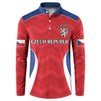 Red rugby button sweatshirt with navy collar, white side panels, Czech emblem on chest