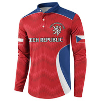 Red rugby button sweatshirt with navy collar, Czech emblem, and flag-style sleeve patches