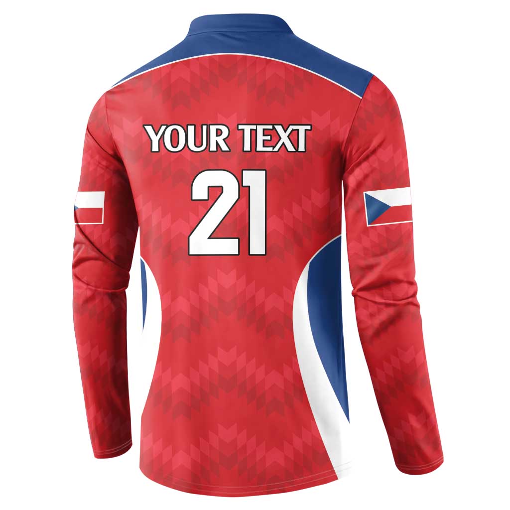 Red rugby button sweatshirt back with 'YOUR TEXT 21' and flag-style sleeve panels