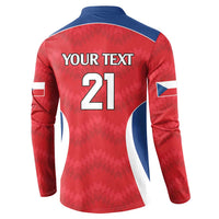 Red rugby button sweatshirt back with 'YOUR TEXT 21' and flag-style sleeve panels