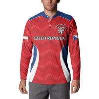 Red rugby button sweatshirt on model, navy collar, Czech emblem, 'CZECH REPUBLIC' text