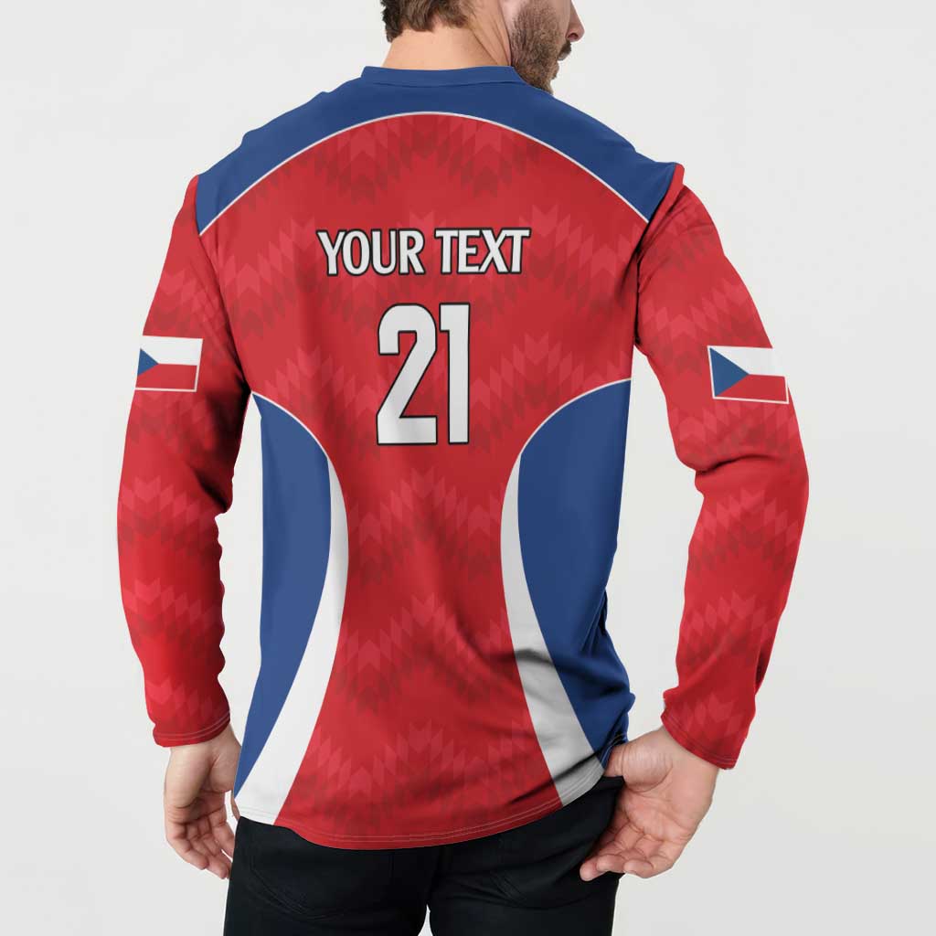Red rugby button sweatshirt back with 'YOUR TEXT 21' and curved white and navy side panels