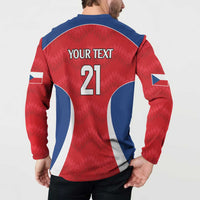 Red rugby button sweatshirt back with 'YOUR TEXT 21' and curved white and navy side panels