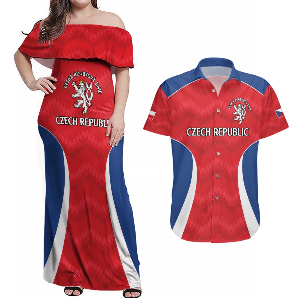 Czech Republic Rugby Custom Couples Matching Off Shoulder Maxi Dress and Hawaiian Shirt Silver Double-tailed Lion Sporty Pattern LT9 - Wonder Print Shop