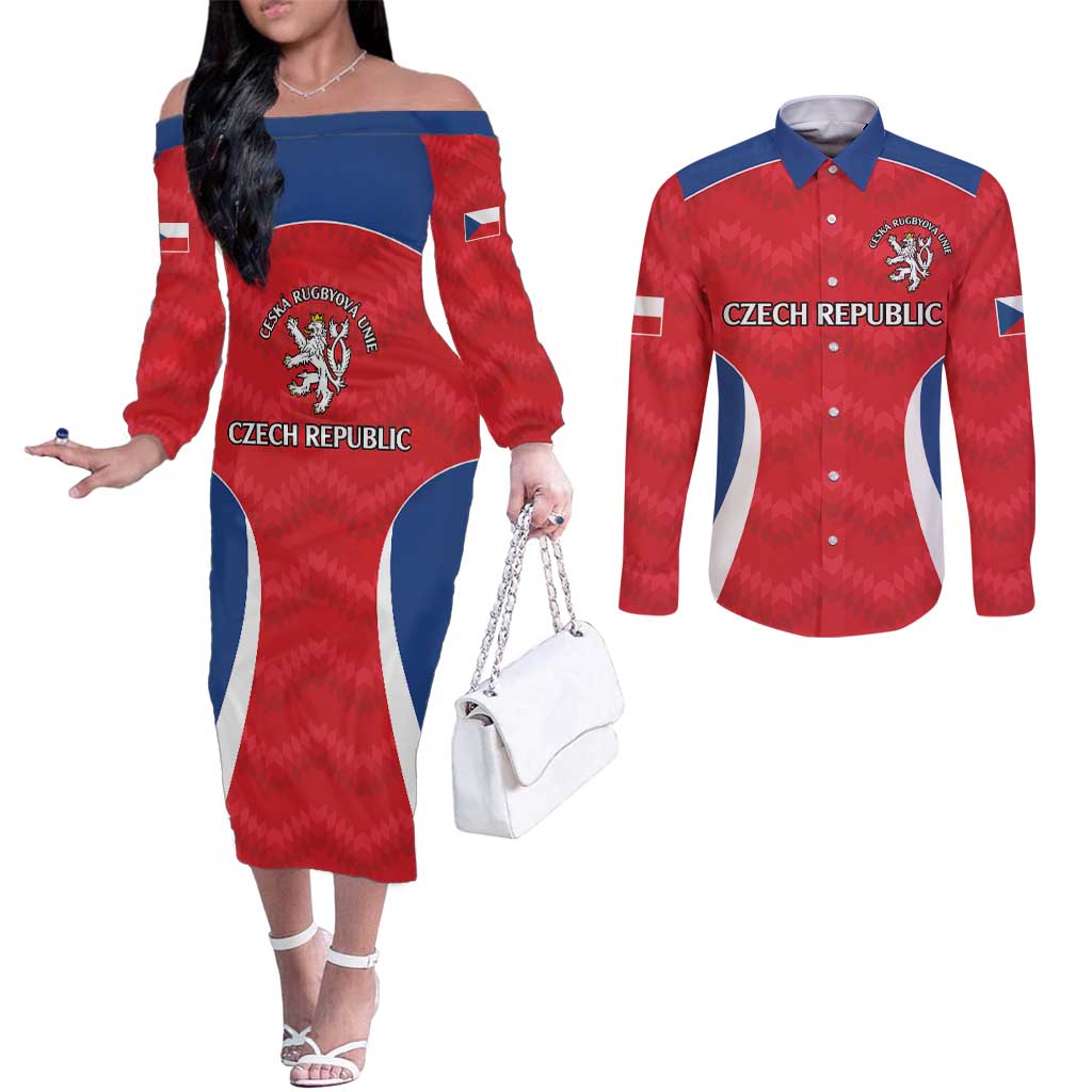 Czech Republic Rugby Custom Couples Matching Off The Shoulder Long Sleeve Dress and Long Sleeve Button Shirt Silver Double-tailed Lion Sporty Pattern