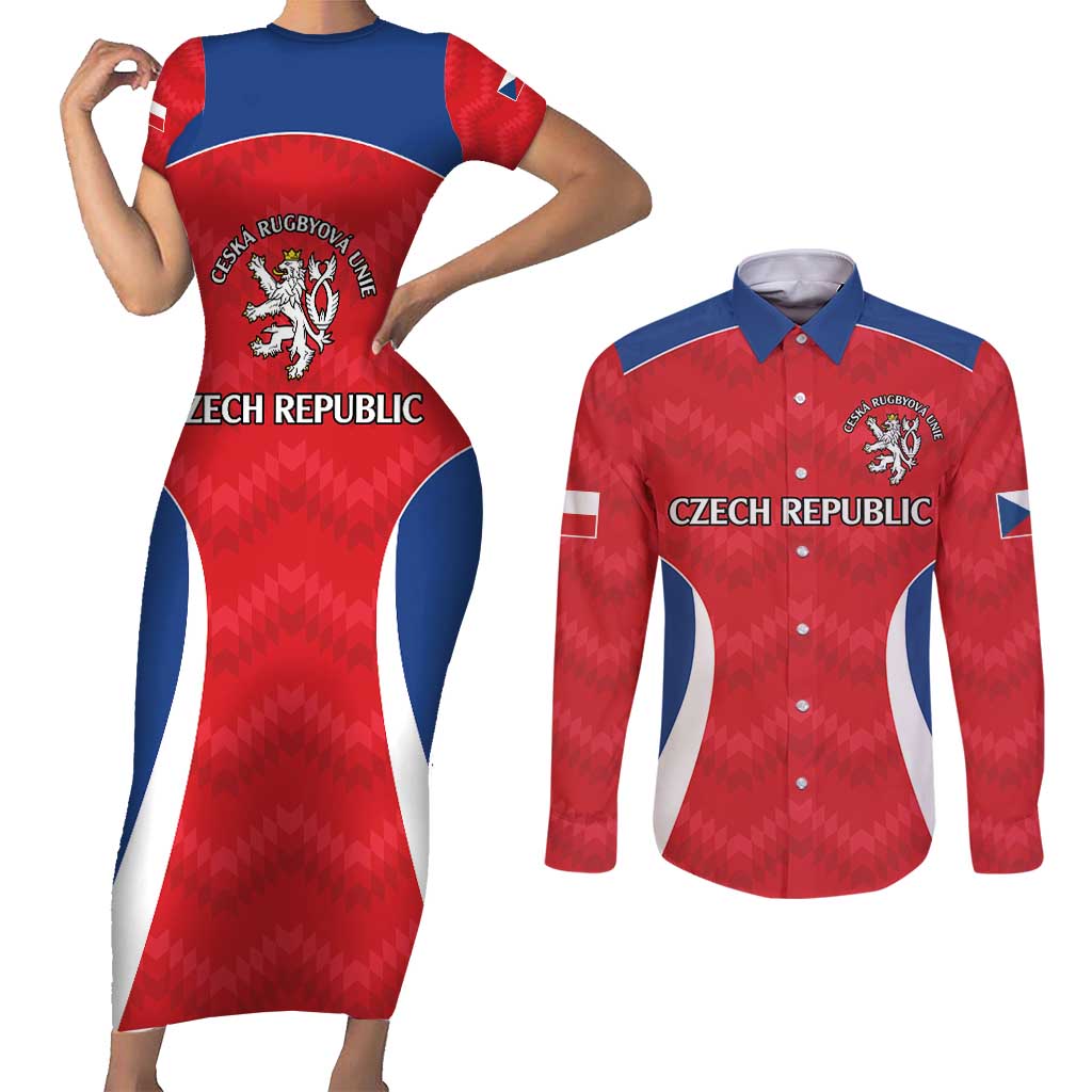 Czech Republic Rugby Custom Couples Matching Short Sleeve Bodycon Dress and Long Sleeve Button Shirt Silver Double-tailed Lion Sporty Pattern LT9 - Wonder Print Shop