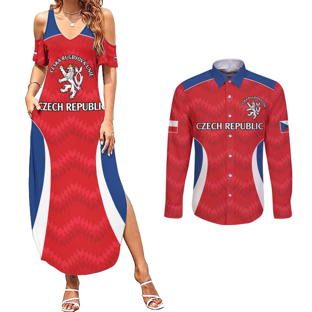 Czech Republic Rugby Custom Couples Matching Summer Maxi Dress and Long Sleeve Button Shirt Silver Double-tailed Lion Sporty Pattern LT9 - Wonder Print Shop