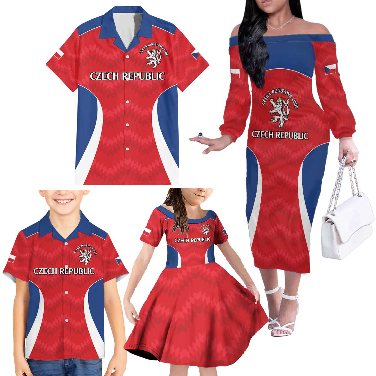 Czech Republic Rugby Custom Family Matching Off The Shoulder Long Sleeve Dress and Hawaiian Shirt Silver Double-tailed Lion Sporty Pattern - Wonder Print Shop