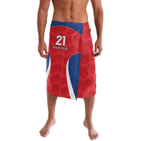 Red patterned rugby shorts with blue waistband, number 21 and custom text