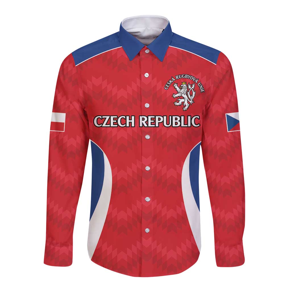 Red long-sleeve rugby button shirt with blue collar, white side panels, Czech Republic crest