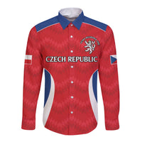 Red long-sleeve rugby button shirt with blue collar, white side panels, Czech Republic crest