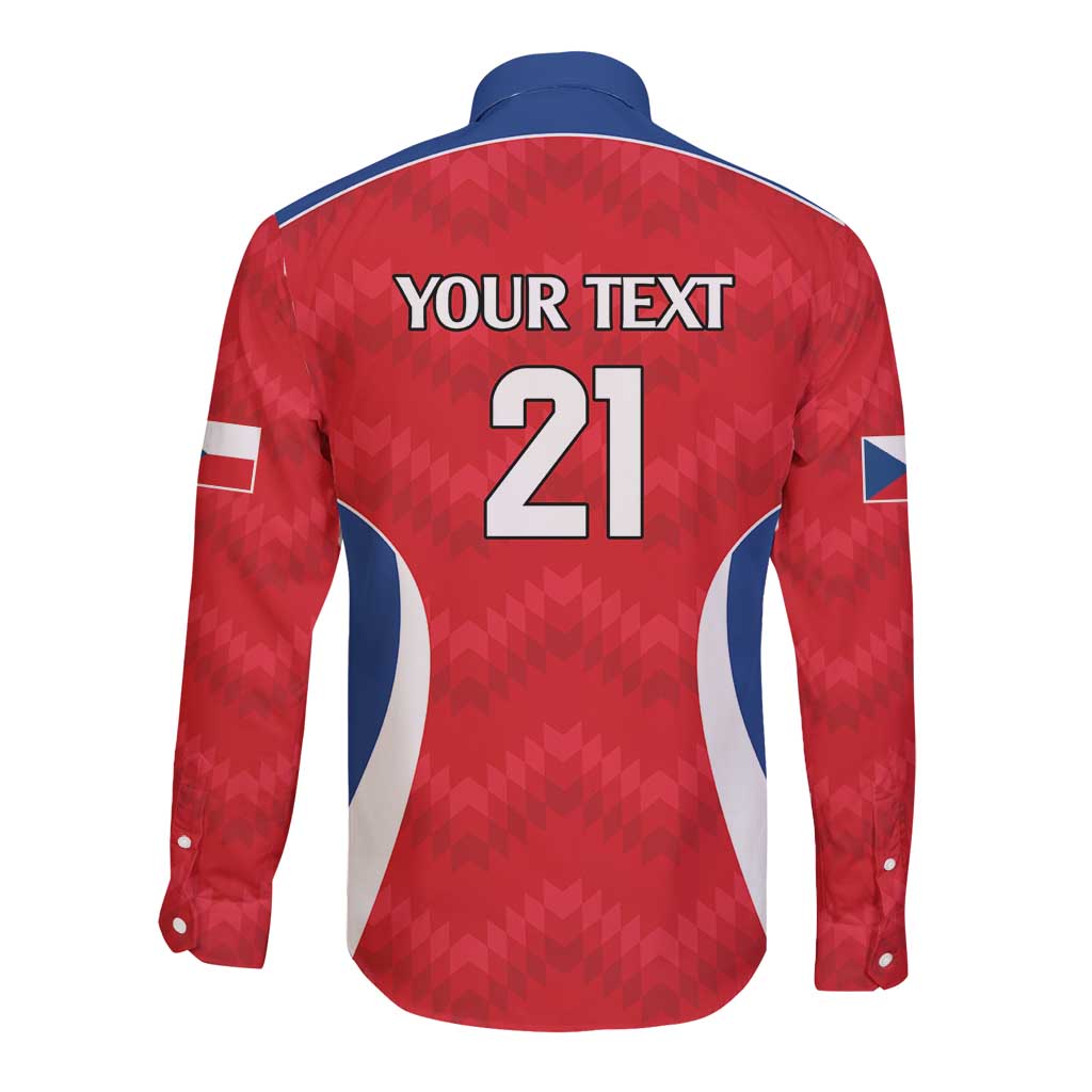 Red long-sleeve rugby button shirt back with blue collar, white side panels, number 21