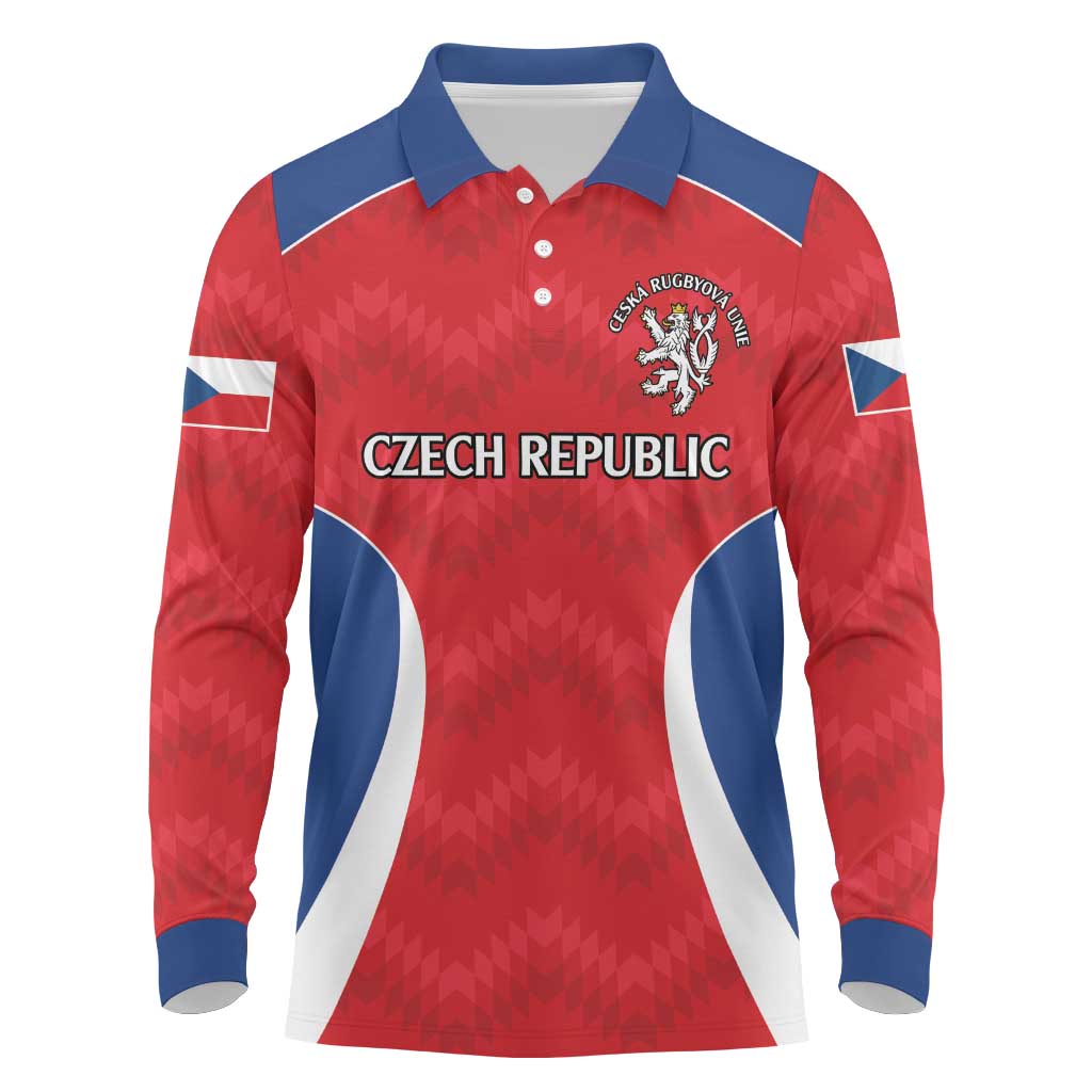 Czech Republic Rugby Custom Long Sleeve Polo Shirt Silver Double-tailed Lion Sporty Pattern - Wonder Print Shop