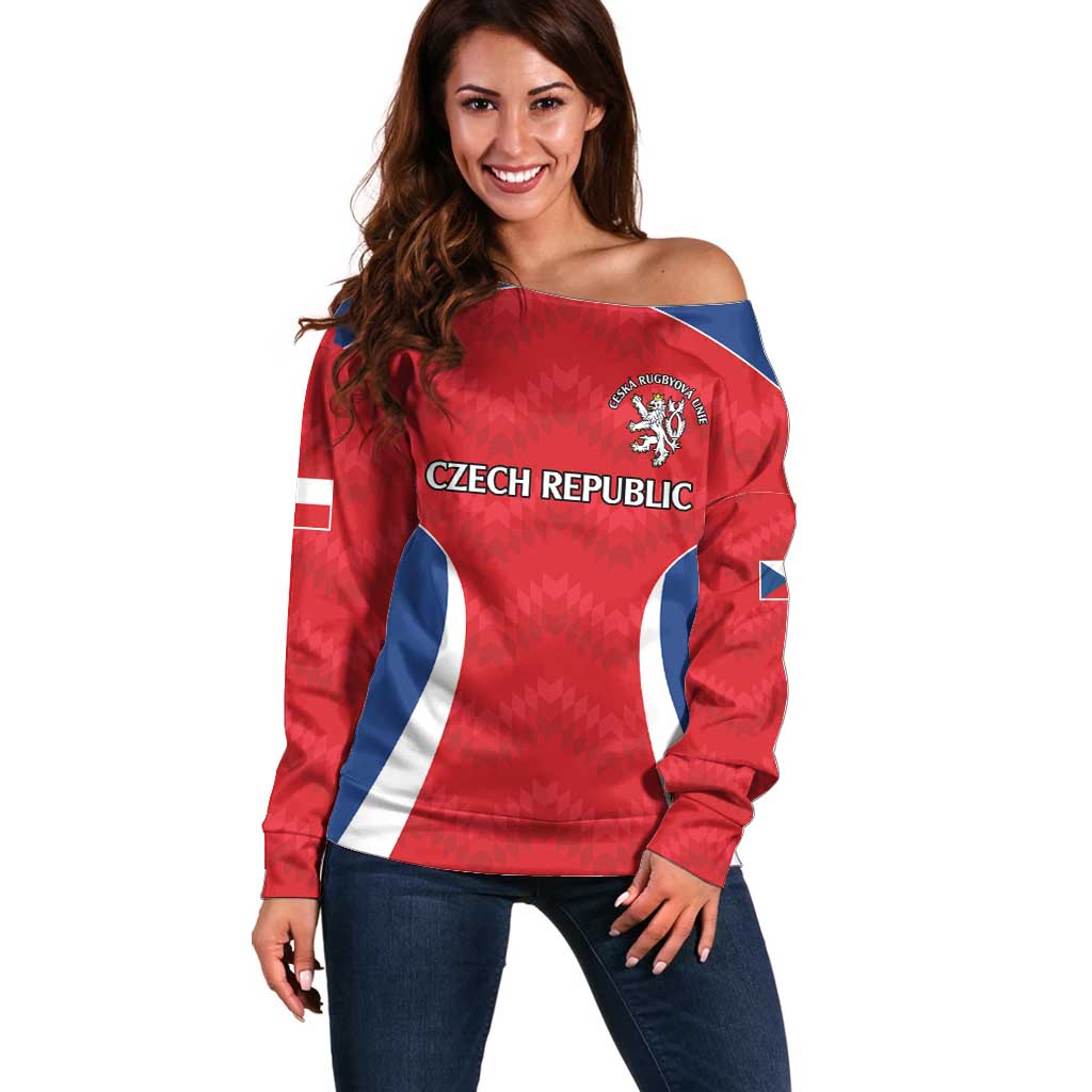 Czech Republic Rugby Custom Off Shoulder Sweater Silver Double-tailed Lion Sporty Pattern