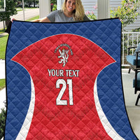 Custom rugby quilt with blue border and red jersey center, lion crest, “YOUR TEXT” 21