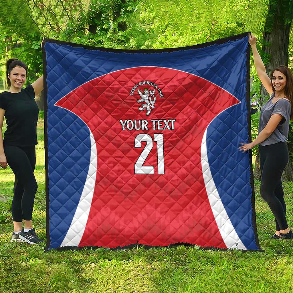 Rugby-themed quilt with blue sides and red jersey, lion crest, “YOUR TEXT” and number 21