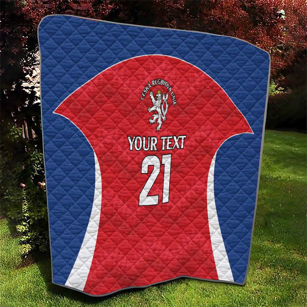 Quilted rugby blanket with blue border, red jersey, white stripes, lion crest, “YOUR TEXT” 21