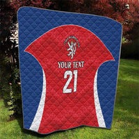 Quilted rugby blanket with blue border, red jersey, white stripes, lion crest, “YOUR TEXT” 21