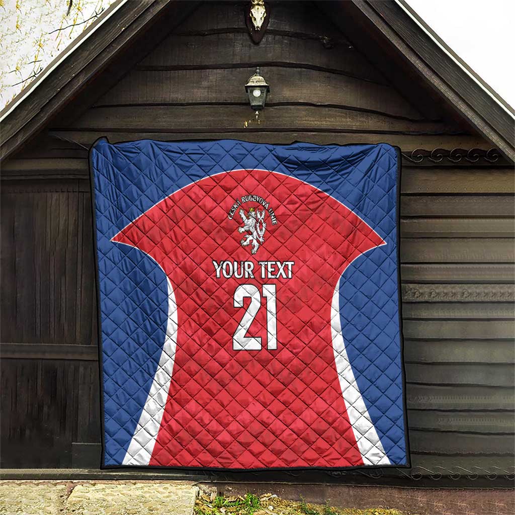 Quilted rugby blanket with blue border and red jersey, lion crest, “YOUR TEXT” number 21