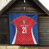 Quilted rugby blanket with blue border and red jersey, lion crest, “YOUR TEXT” number 21