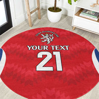 Red round rugby-style carpet with crest and centered 'YOUR TEXT 21' graphic