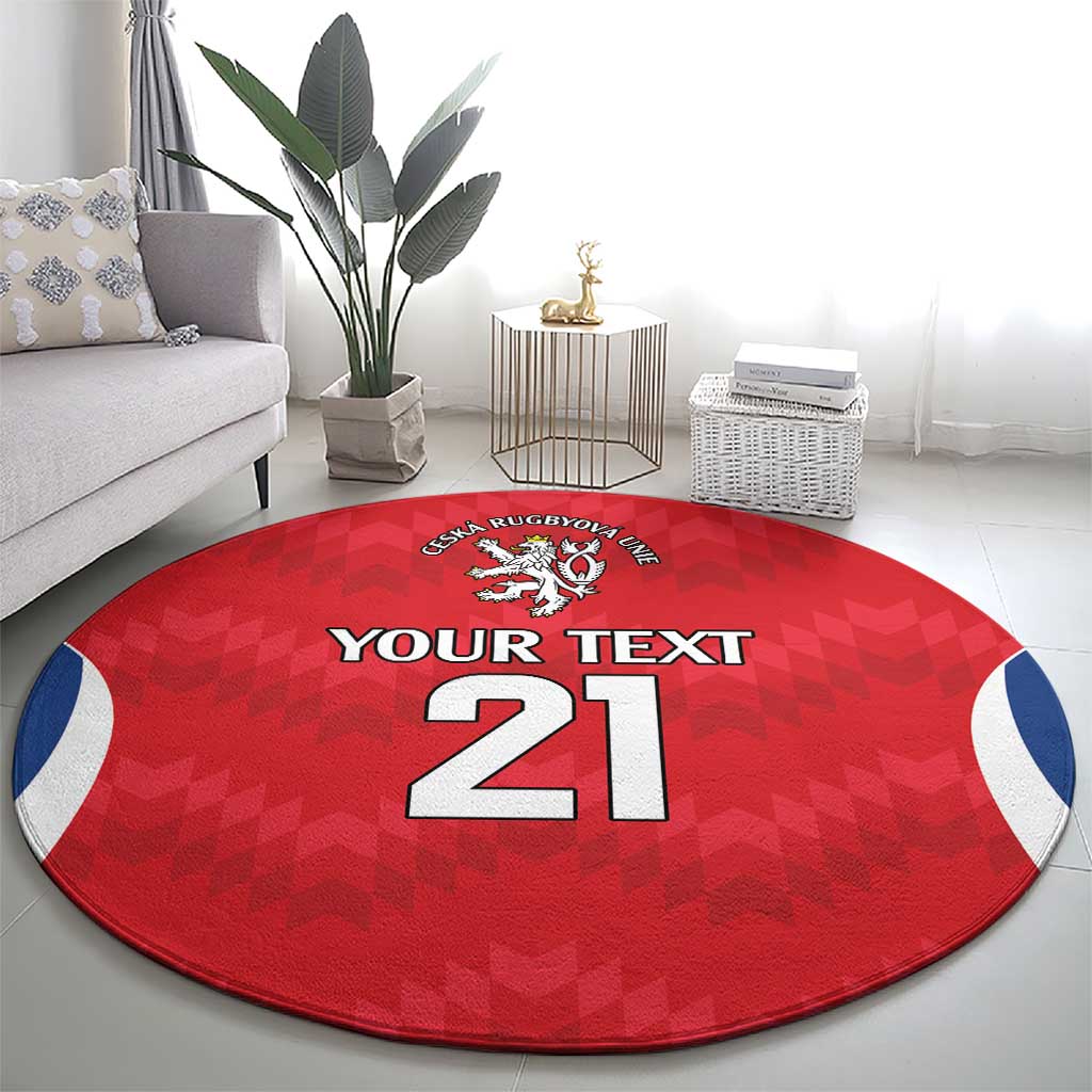 Red round rugby carpet with crest, 'YOUR TEXT 21', and blue curved stripe ends