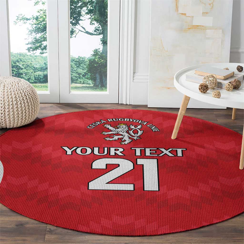 Red round carpet with 'YOUR TEXT 21' and rugby crest on a checkered pattern