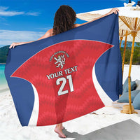 Red and navy rugby lion sarong with white swoosh and 'YOUR TEXT 21' print.
