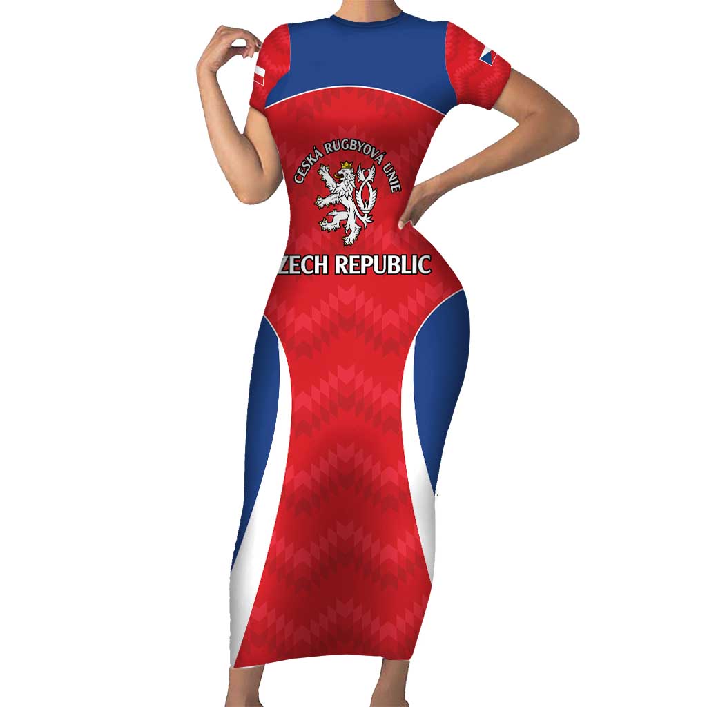 Czech Republic Rugby Custom Short Sleeve Bodycon Dress Silver Double-tailed Lion Sporty Pattern - Wonder Print Shop