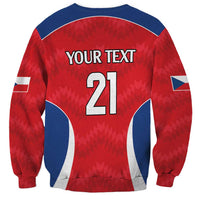 Red rugby custom sweatshirt back with YOUR TEXT, number 21, blue stripe shoulders