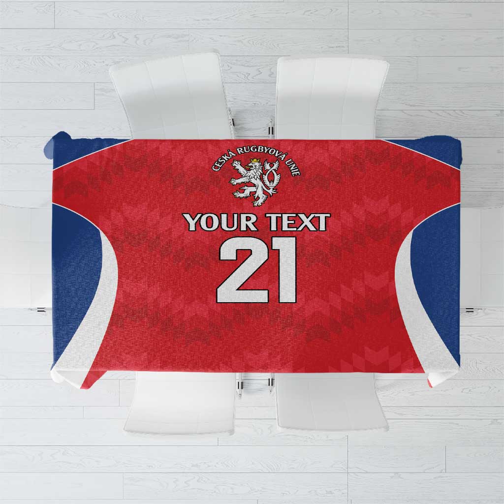Red rugby-style custom tablecloth with lion crest and number 21, blue and white border