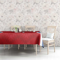 Red rugby tablecloth with blue-and-white border on dining table