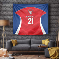 Rugby tapestry wall hanging, blue border with red jersey shape, lion crest and 'Your Text 21'.