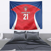 Rugby tapestry wall hanging, red center with blue edges and white curved side stripes, 'Your Text 21'.