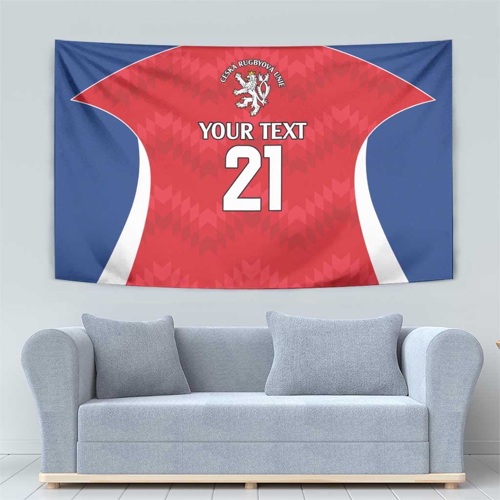 Rugby tapestry wall hanging with red double-tailed jersey design, blue frame, 'Your Text 21' and crest.