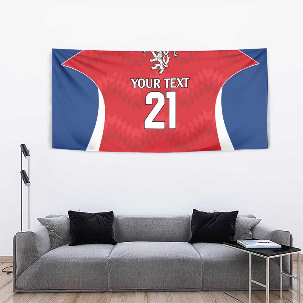 Rugby tapestry wall hanging, blue-and-red rugby shirt pattern with white side panels and 'Your Text 21'.