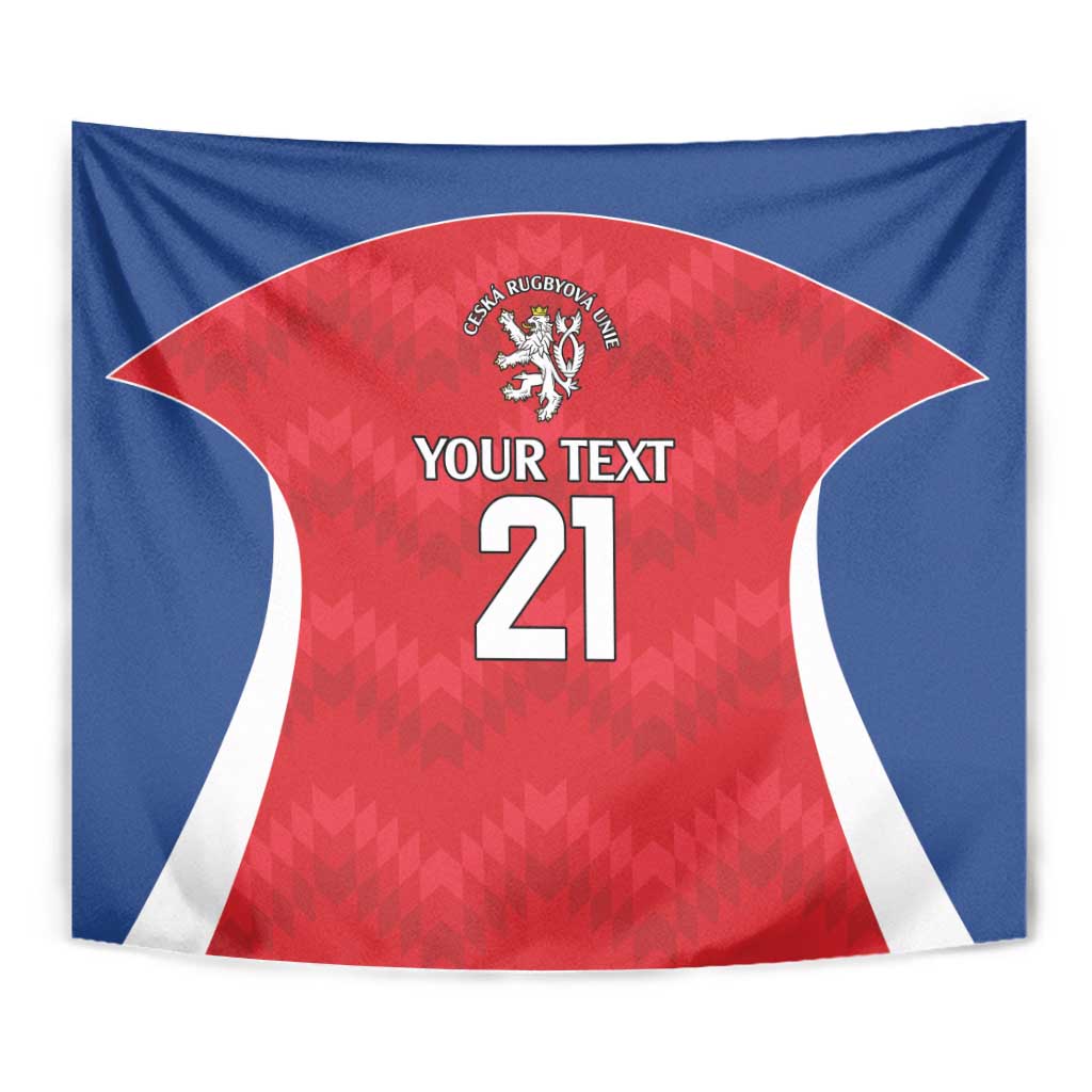 Rugby tapestry close-up, red jersey center with lion crest and 'Your Text 21' on blue border.