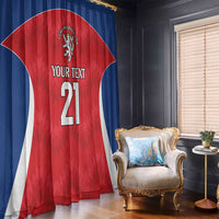 Rugby jersey-style window curtain panel, red and blue with lion crest and number 21